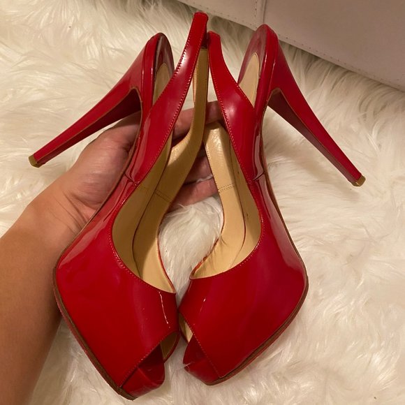 Christian Louboutin Red Patent Leather No Prive Sling Peep 120mm Pumps SZ 37.5 - Picture 5 of 10